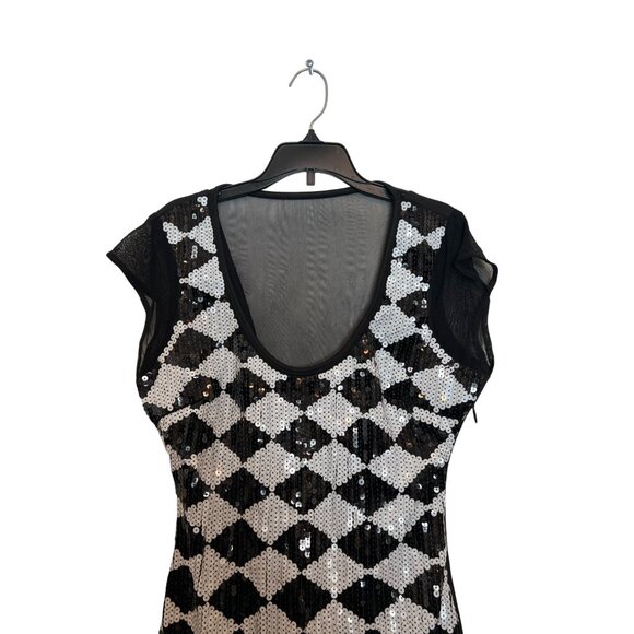 Vintage Y2k 2B Bebe Black & White Sequin Harlequin Sleeveless Mini Dress Size M - Picture 7 of 7